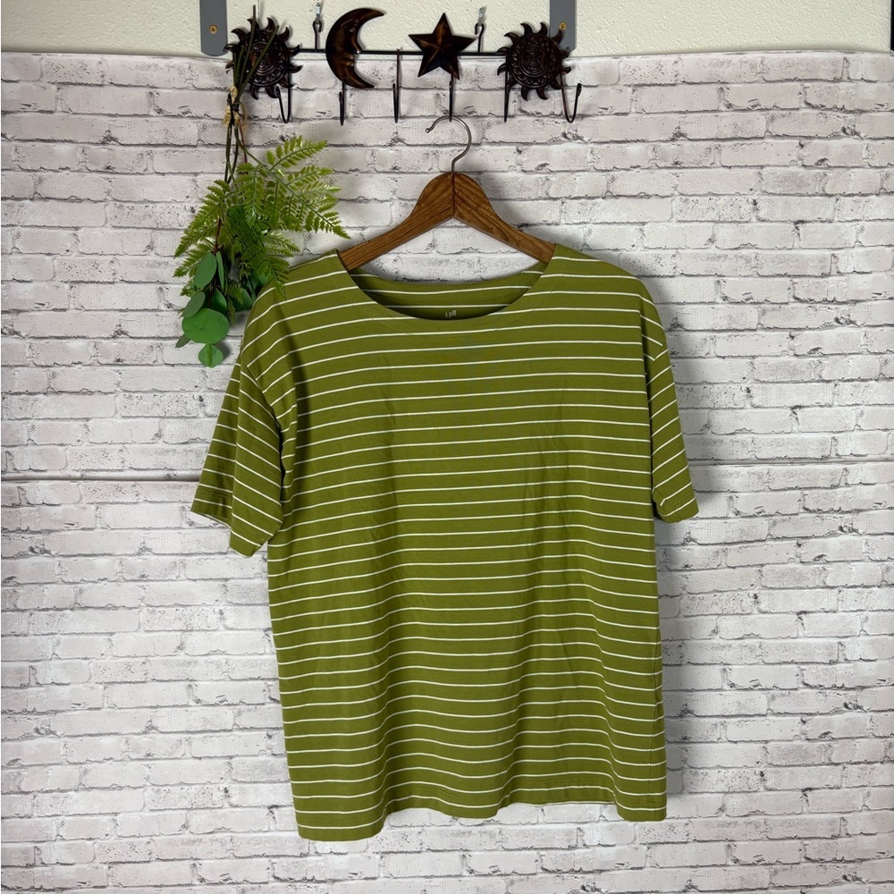 J. Jill Chartreuse Pea Green Luxe Supima Elbow Sleeve Striped Tee